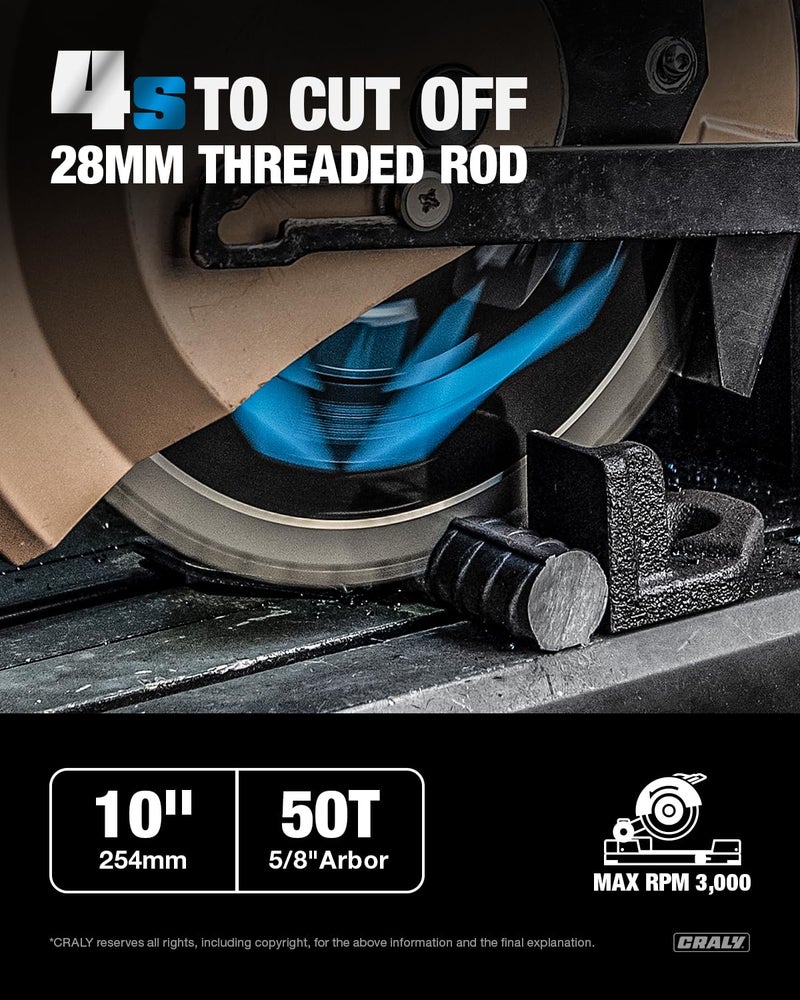 CRALY 10 Inch 50 Teeth Steel and Ferrous Metal Cutting Circular Saw Blade, 5/8 Inch Arbor, Thin Kerf, Professional Carbide Tipped Blade for Angle Iron, Threaded Rod, EMT Conduit(C1050MC) - Image 2